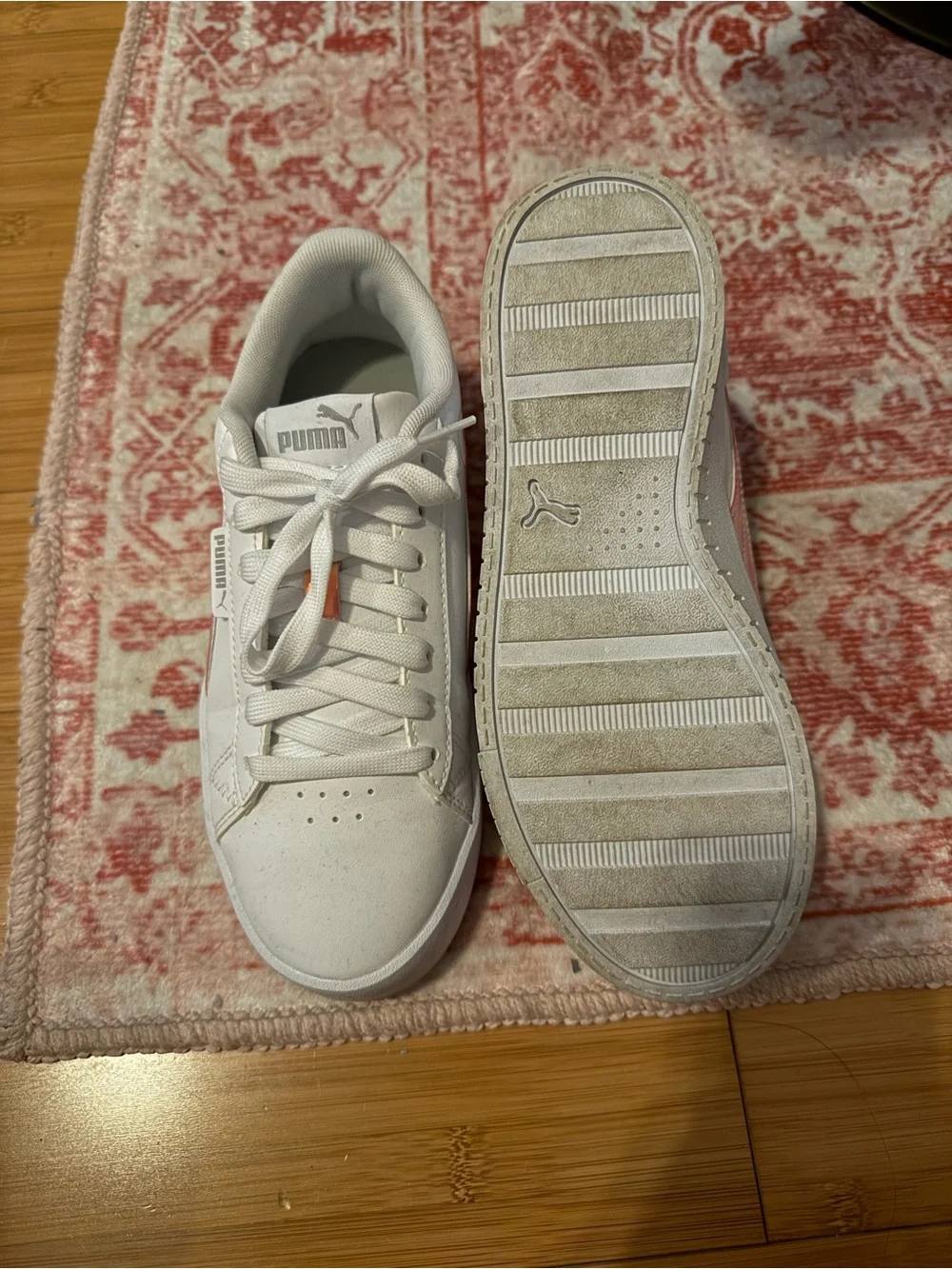 Puma Kids White Sneakers with Metallic Rose Accent